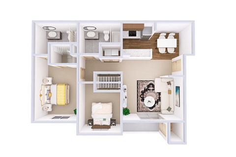 A white dollhouse with a kitchen, living room, and bathroom.